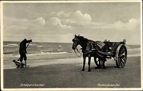 Ak Rockanje Südholland Niederlande, Schelpenvisscher, Pferdekarren am Strand