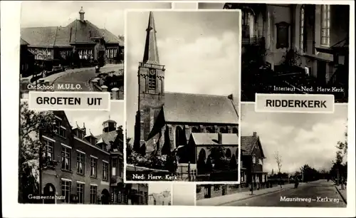 Ak Ridderkerk Südholland Niederlande, Ned. Herv. Kerk, Mauritsweg, Kerkweg, Gemeentehuis, School