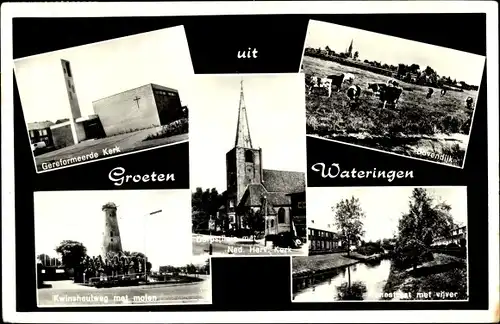 Ak Wateringen Südholland, Geref. Kerk, Ned. Herv. Kerk, Molen