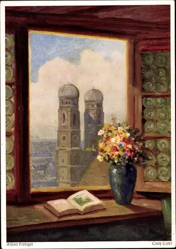 Künstler Ak Albert Fiebiger, Grüß Gott, München, Marienkirche, Fenster, Wiechmann Nr. 370