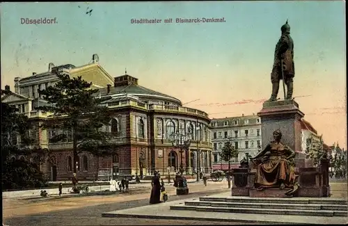 Ak Düsseldorf am Rhein, Stadttheater mit Bismarck-Denkmal