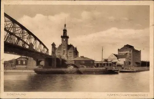 Ak Dortmund im Ruhrgebiet, Hafen, Hafenbrücke, Schiff