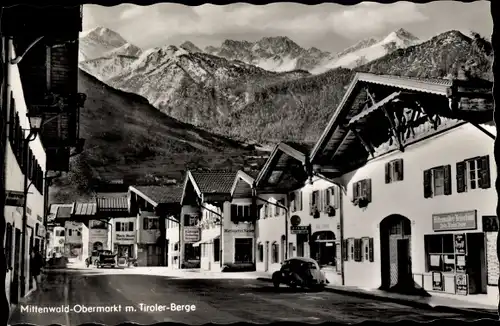 Ak Mittenwald in Oberbayern, Obermarkt, Geschäft, Tiroler Berge