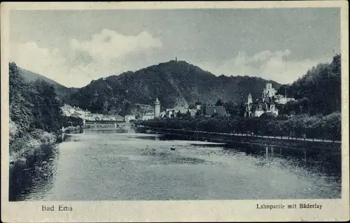 Ak Bad Ems an der Lahn, Lahnpartie mit Bäderlay, Hotel Löwen