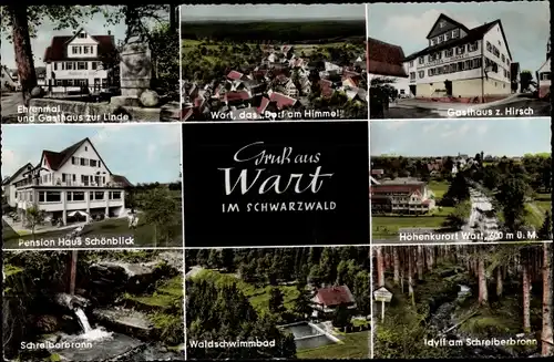 Ak Wart Altensteig im Schwarzwald, Ehrenmal, Gasthaus Zur Linde, Schreiberbronn, Schwimmbad