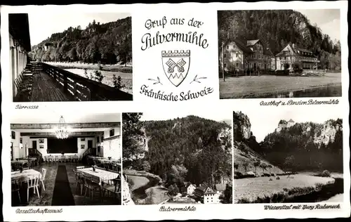 Ak Waischenfeld in der Fränkischen Schweiz, Gasthof und Pension Pulvermühle, J. Bezold, Wappen