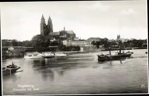 Ak Magdeburg an der Elbe, Elbpartie mit Dom, Schiffe