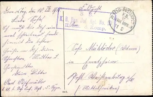 Dt. Feldpost,Truppenstempel, KB Res. Inf. Rgt. No. 10, II. Bat. 5. Komp., I WK