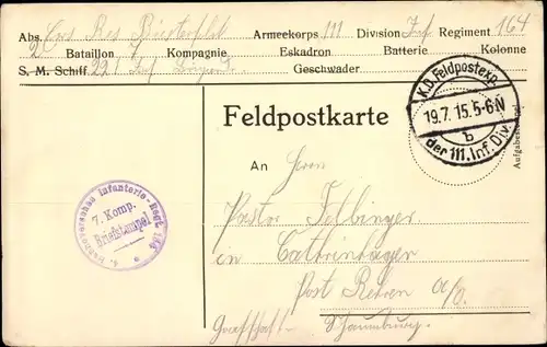 Dt. Feldpost, Truppenstempel, Feldpostexped. d. 111. Inf. Div., 4. Hannov. Inf. Regt. 164, 7. Komp.