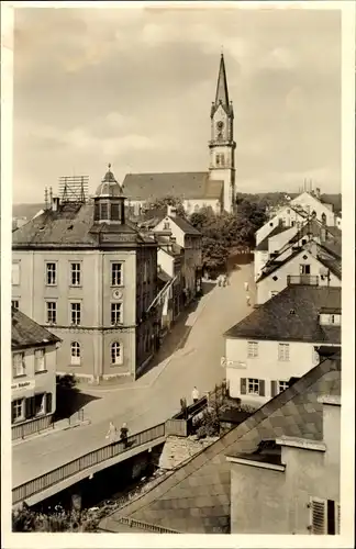 Ak Naila in Oberfranken, Stadtansicht, Kirchturm, Brücke