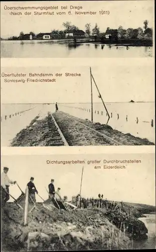 Ak Drage in Nordfriesland, Überschwemmung nach Sturmflut 1911, Bahndamm, Dichtungsarbeiten
