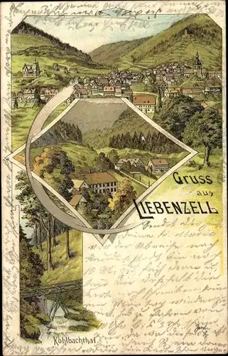 Litho Bad Liebenzell im Schwarzwald, Kohlbachtal, Panorama vom Ort