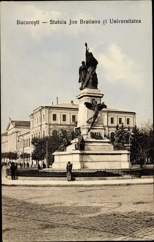 Ak București Bukarest Rumänien, Statuia Jon Bratianu si Universitatea, Denkmal