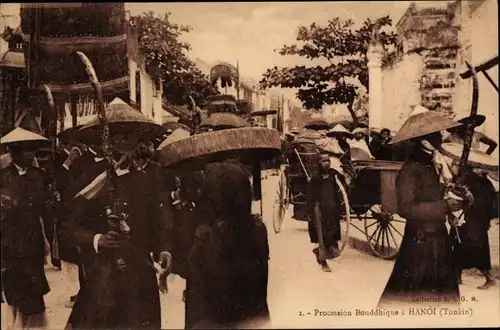 Ak Hanoi Tonkin Vietnam, Procession Bouddhique, Buddhistische Prozession, Säbel, Hüte