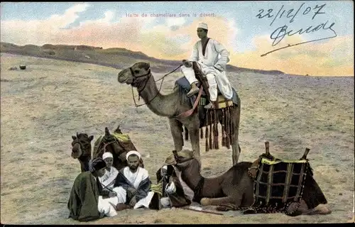 Ak Halte de chameliers dans le desert, Kamele, Ägypter