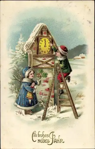 Ak Glückwunsch Neujahr, Kinder, Uhr, Leiter, Glücksklee