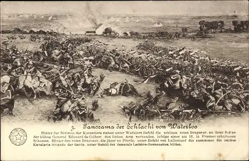 Ak Panorama der Schlacht von Waterloo, Hinter der Division der Kürassiere stehen rote Dragoner