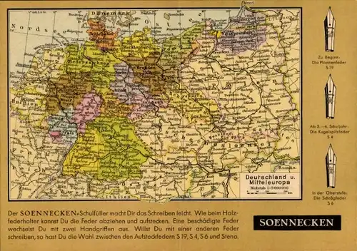 Stundenplan Soennecken Schulfüller Aufsteckfeder S 19, Landkarte Deutschland, Schlesien, Ostpreußen