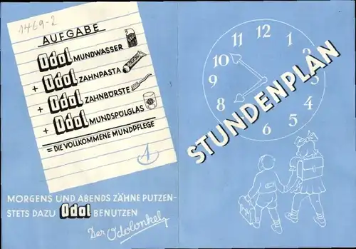 Stundenplan Reklame ODOL Mundwwasser Zahnpasta, Vollkommene Mundpflege um 1950