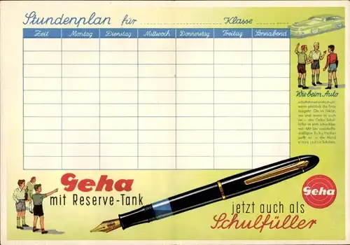 Stundenplan Geha Füller, Schulfüller, Druckstift 833, Schreibgartitur 880, Goldfeder um 1950