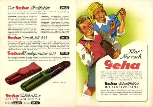 Stundenplan Geha Füller, Schulfüller, Druckstift 833, Schreibgartitur 880, Goldfeder um 1950