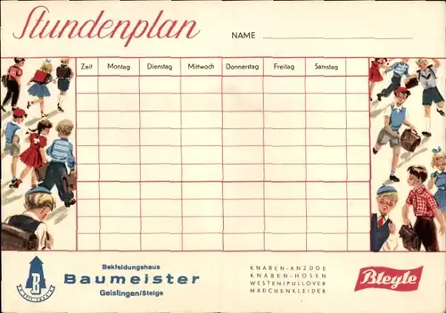 Stundenplan Reklame Bleyle Kindermode, Bekleidungshaus Baumeister, Geislingen/Steige um 1950