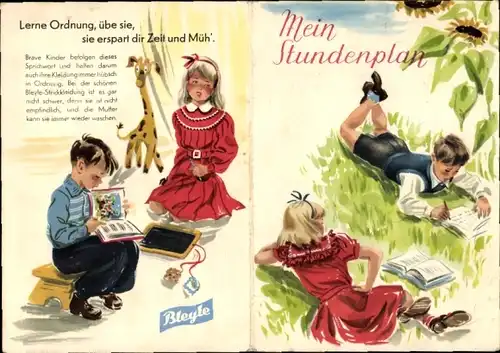 Stundenplan Reklame Bleyle Kindermode, Bekleidungshaus Baumeister, Geislingen/Steige um 1950