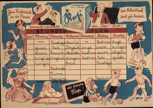 Stundenplan Reklame Resi-Brot, Kalender 1950-1951, Immer schmeckt ein Resi-Brot, Kinder um 1950