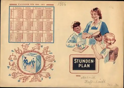 Stundenplan Reklame Resi-Brot, Kalender 1950-1951, Immer schmeckt ein Resi-Brot, Kinder um 1950