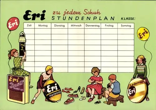 Stundenplan Reklame Eri Hartpaste Schuhcreme, Kinder mit Blechdosen, 1x1, um 1950