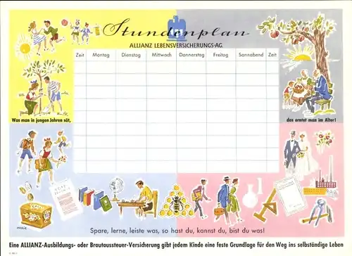 Stundenplan Allianz Versicherung, Ausbildungsberufe, spare lerne leiste, um 1960