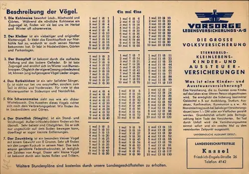 Stundenplan Vorsorge Lebensversicherung AG, Friedrich-Engels-Straße Kassel, Vögel Meise um 1950