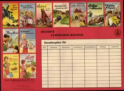 Stundenplan Reklame Franz Schneider Verlag München, Beliebte Schneider-Bücher Jugendbücher um 1960