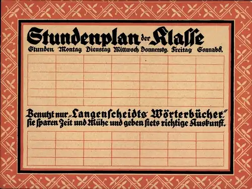 Stundenplan Verlag Langenscheidts Wörterbücher, Verlagsbuchhandlung Berlin-Schöneberg 1931