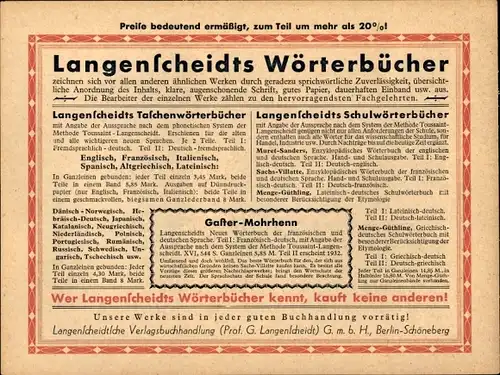 Stundenplan Verlag Langenscheidts Wörterbücher, Verlagsbuchhandlung Berlin-Schöneberg 1931