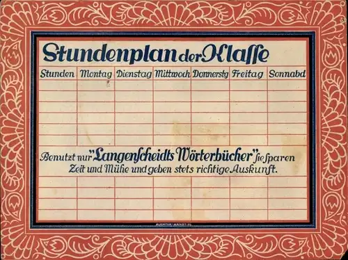 Stundenplan Verlag Langenscheidts Wörterbücher, Verlagsbuchhandlung Berlin-Schöneberg um 1930