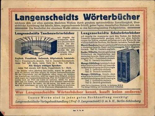 Stundenplan Verlag Langenscheidts Wörterbücher, Verlagsbuchhandlung Berlin-Schöneberg um 1930