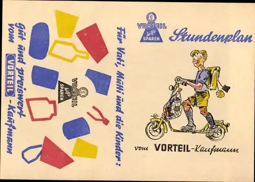 Stundenplan Reklame Vorteil Kaufmann, Lebensmittel Schüler auf Roller um 1950