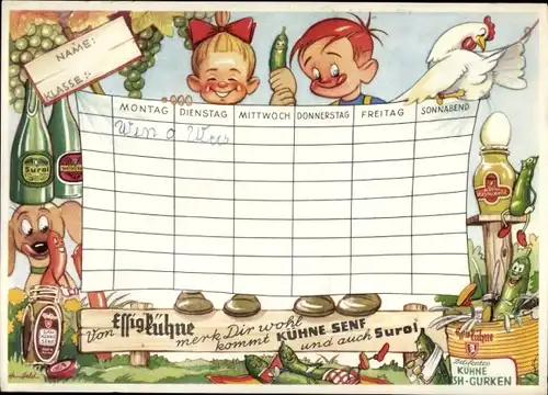 Stundenplan Reklame Künstler Essig Kühne, Kinder mit Ketchup, Senf, Gurken, Surol der Essig, um 1950