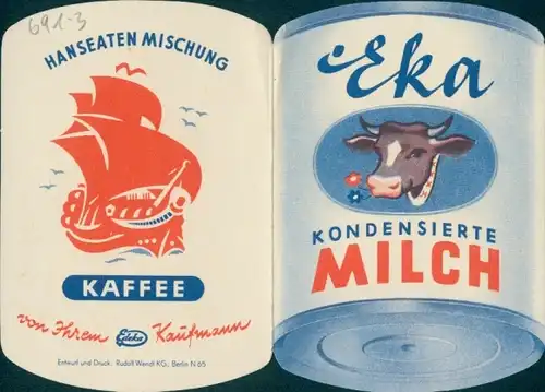 Taschen Stundenplan (aufklappbar) Milchdose Eka kondensierte Milch, Kaffee Hanseaten Mischung, Edeka
