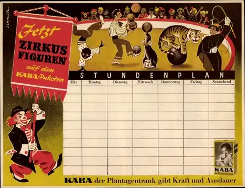 Stundenplan KABA Plantagentrank, Kakao, Zirkus, Clown, Manege, Artisten ca. 1950