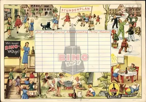 Stundenplan BINO Würze, Kaustik Bitterfeld, Kinder, Schneemann um 1950