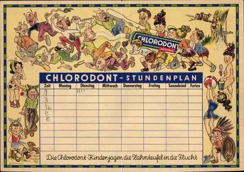 Stundenplan Reklame Chlorodont Zahnpasta, Tube, Mundwasser, Zahnteufel mit Kindern um 1930