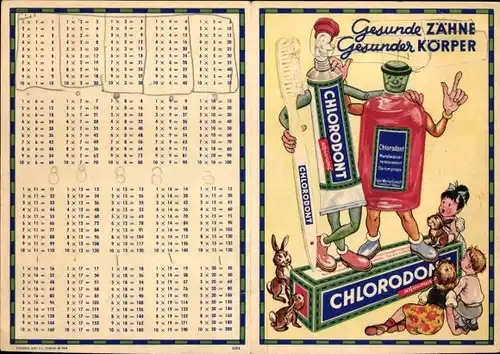 Stundenplan Reklame Chlorodont Zahnpasta, Tube, Mundwasser, Zahnteufel mit Kindern um 1930