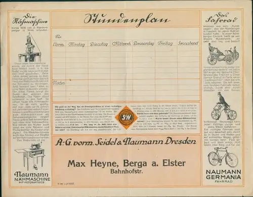 Stundenplan Seiden & Naumann Dresden, Max Heyne Berga Elster, Nähmaschinen & Germania Fahrrad