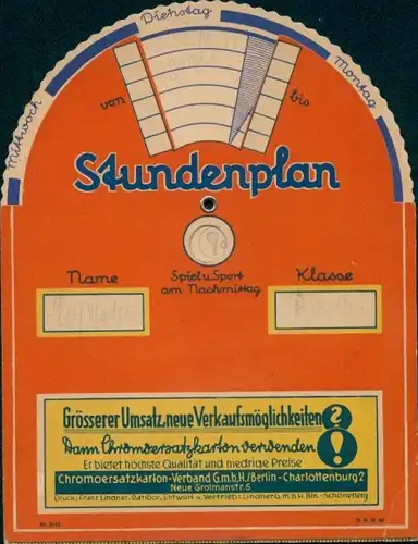 Mechanischer Stundenplan Berlin Charlottenburg 2 Neue Grolmanstraße 5, Chromoersatzkarton um 1930