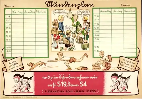 Stundenplan Reklame Soennecken Füllfederhalter, Bonn Berlin Leißzig, Federn S19, S4 um 1930