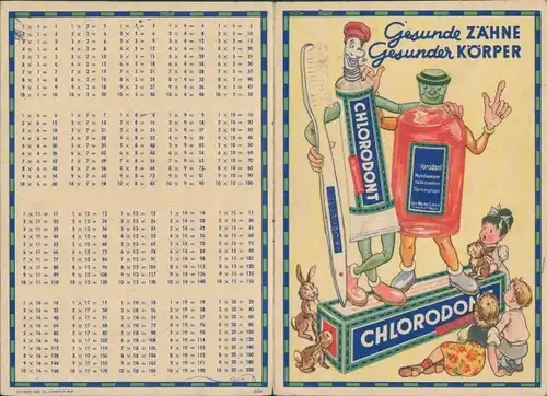 Stundenplan Reklame Chlorodont Zahnpasta, Tube Mundwasser, Zahnteufel mit Kindern um 1930