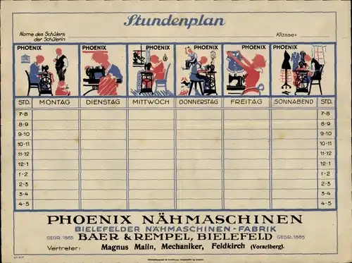 Stundenplan Reklame Phoenix Nähmaschinen Fabrik, Baer & Rempel in Bielefeld um 1930