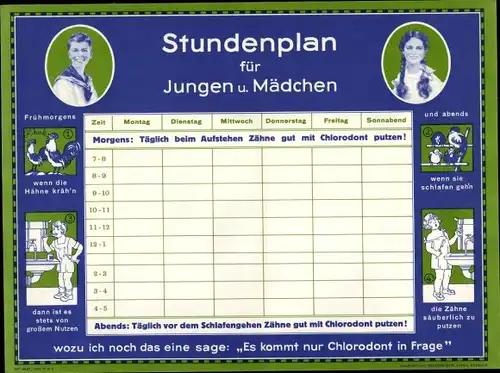 Stundenplan Reklame Chlorodont Zahnpasta, Zähne putzen, Jungen und Mädchen um 1950